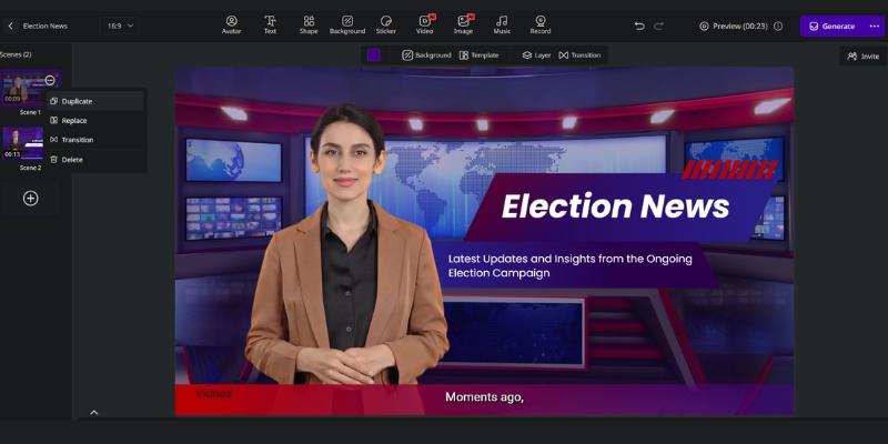 Vidnoz video editor interface showing where to input text and select voices.