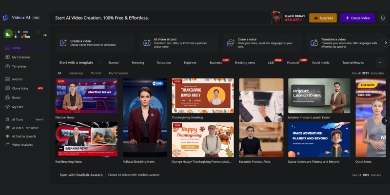 Vidnoz AI homepage interface showing free video creation tools. 