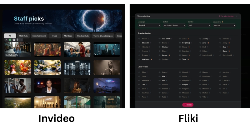 Fliki AI Voice selection panel vs InVideo Template Library 