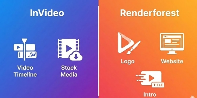 InVideo vs Renderforest core difference infographic showing video focus vs branding focus.