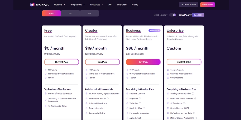 A comparison of Murf AI's pricing plans: Free, Basic, and Business, showing key features for each..