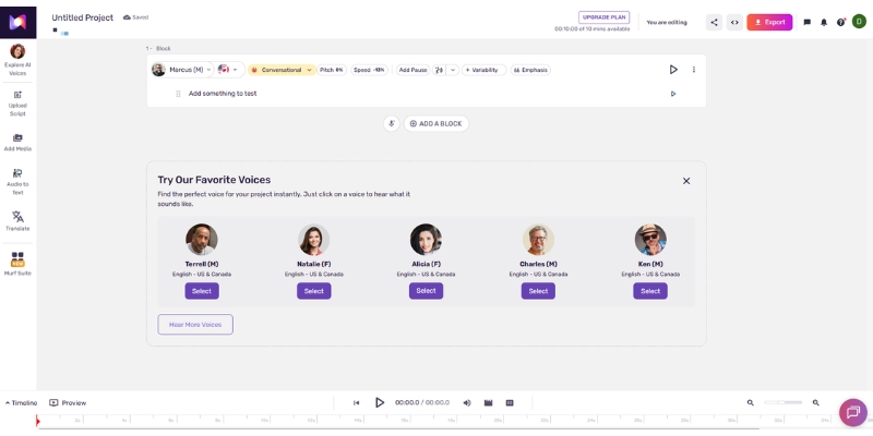 The Murf AI Studio interface, showing the text editor, voice library, and audio timeline for creating a voiceover..