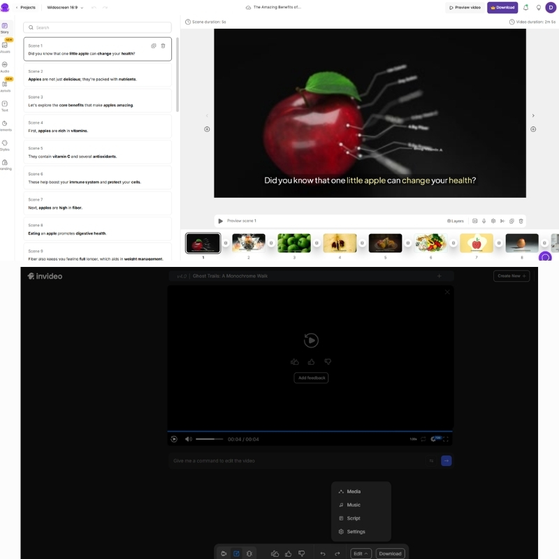 Pictory script editor vs InVideo timeline editor interface comparison.