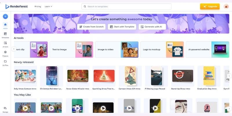 Renderforest dashboard interface showing all-in-one branding tools with AI video generator 
