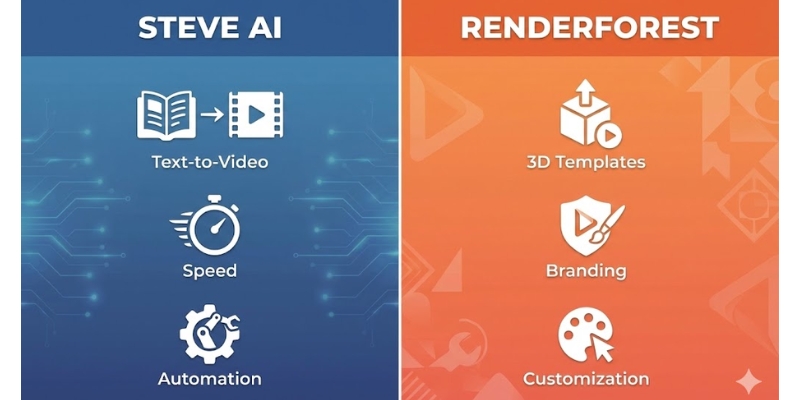 Steve AI vs Renderforest comparison infographic showing core features. 