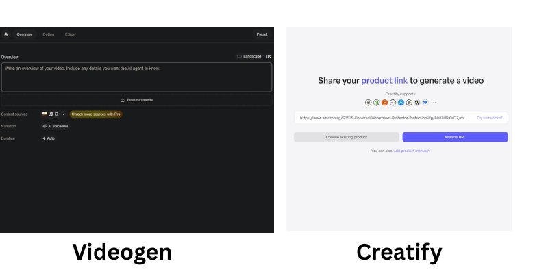 Creatify AI URL input versus VideoGen script editor interface for e-commerce ads