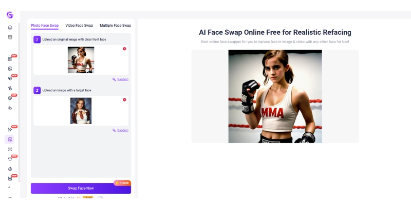 A before-and-after comparison of an image processed with the Vidnoz Face Swap review, showing a face being successfully swapped onto another person.  