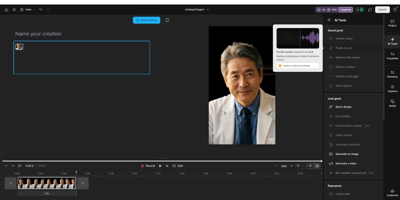 Descript Studio Sound feature panel with intensity slider.