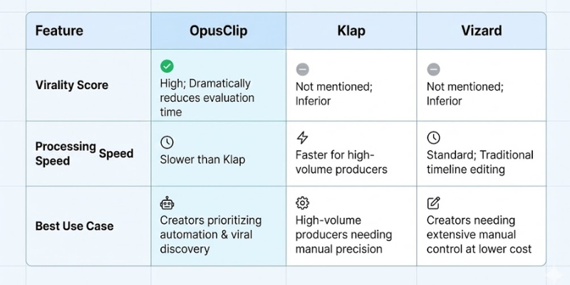 Feature comparison chart of OpusClip versus competitors.
