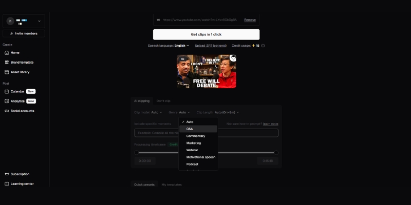 OpusClip 3.0 dashboard displaying genre-specific AI curation options.