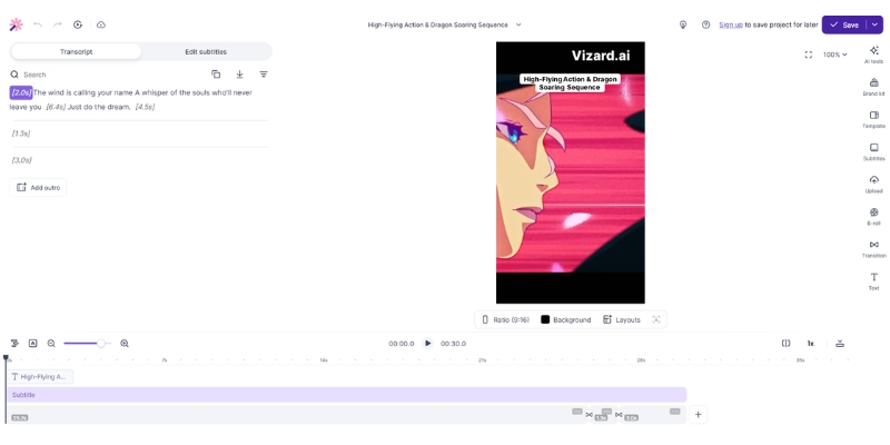 Vizard AI dashboard interface showing video editor and transcript side by side.