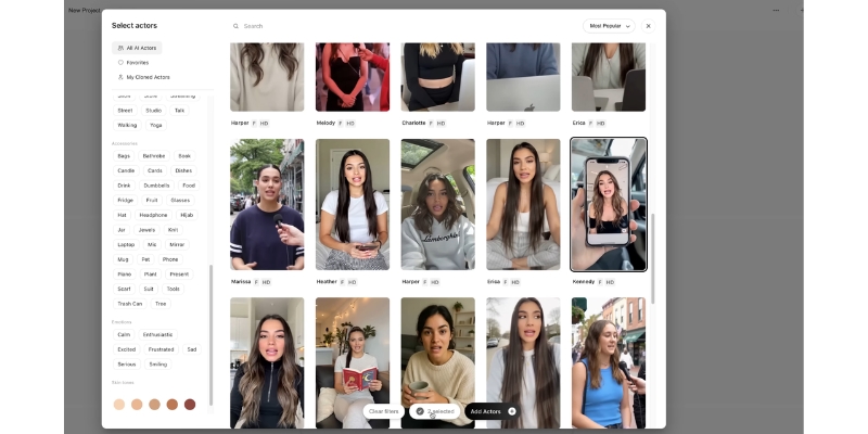 Arcads AI actor library interface with filters for age, gender, ethnicity, and setting alongside voice preview functionality"