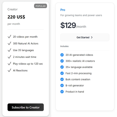 A pricing and feature table comparing Arcads vs MakeUGC Pro plans