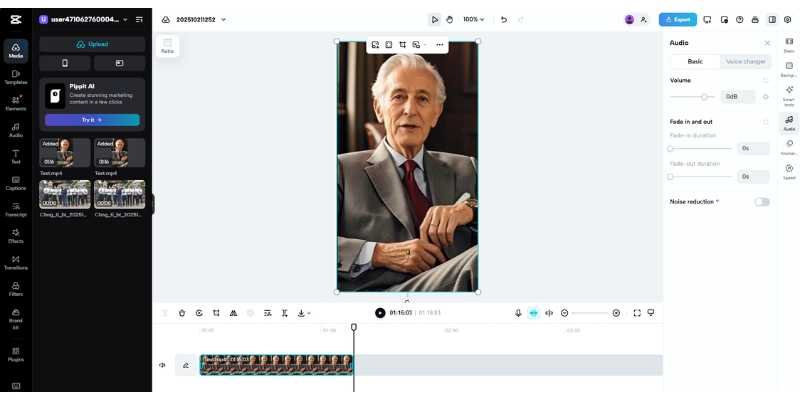 CapCut video editing interface showing post-production workflow for adding captions and music to Arcads AI video