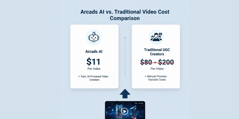 ROI calculator showing monthly savings with Arcads AI across solo entrepreneurs, e-commerce brands, and marketing agencies