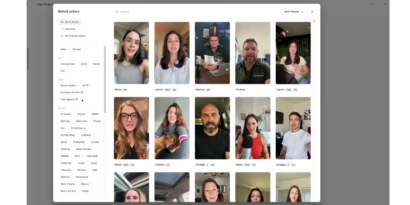 Arcads AI dashboard interface displaying 300+ AI actor library with demographic filters and voice preview options