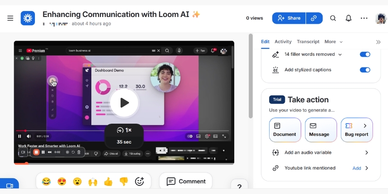 Loom AI workflows interface offering video to document message or Jira bug report conversion options