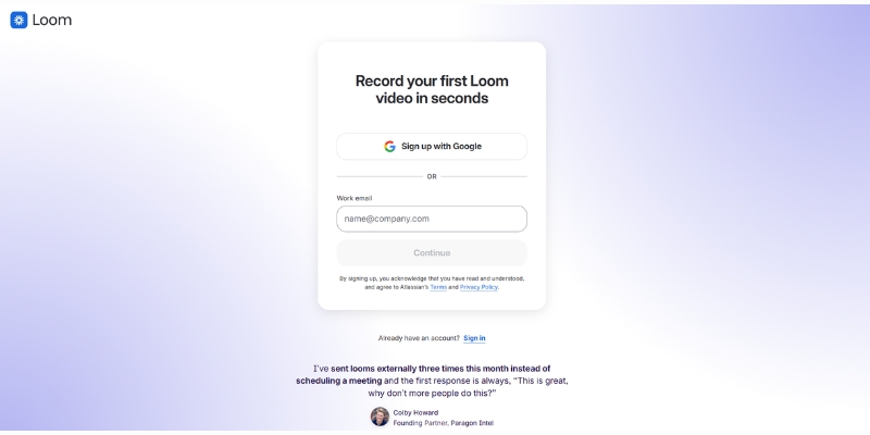 Loom account creation interface with Google sign-in option and workspace naming step
