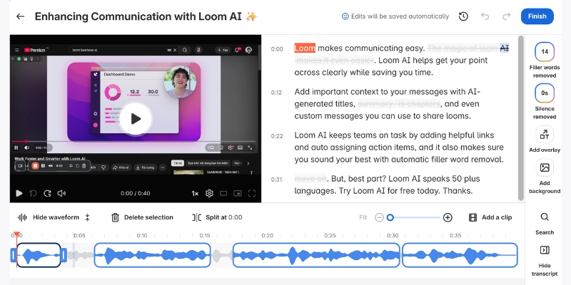 Loom video editing interface with timeline trim controls stitch multiple videos feature and thumbnail selection