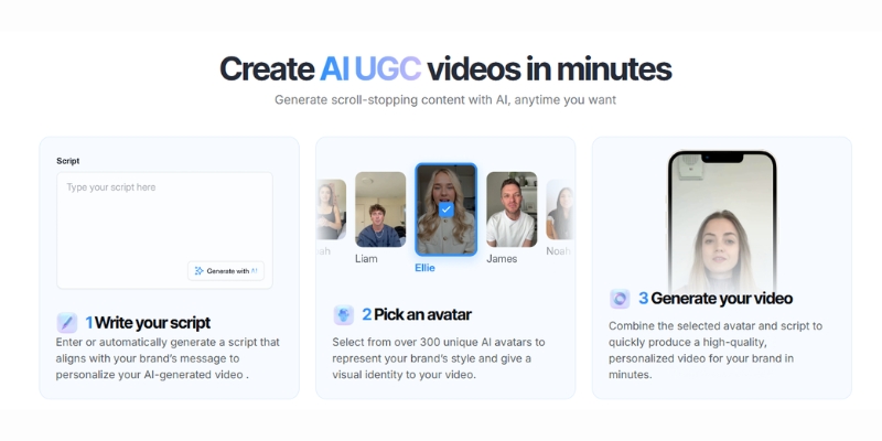 MakeUGC dashboard interface displaying three-step AI video creation workflow with script editor, avatar selection grid, and generation controls