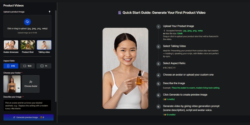 A before-and-after comparison showing a Tagshop.ai avatar first talking, and then holding a product using the AI Product Video feature.