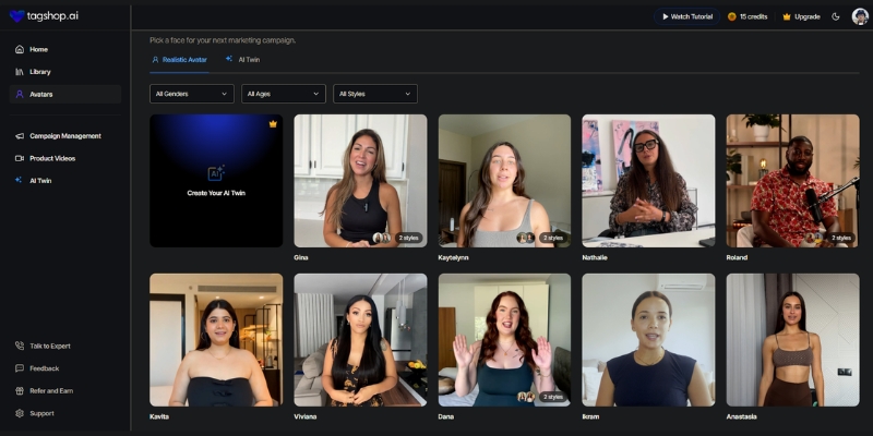 The Tagshop AI dashboard interface, showing a library of diverse AI avatars available for selection.