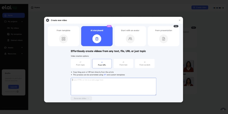 Elai.io interface showing the URL to video generation feature.