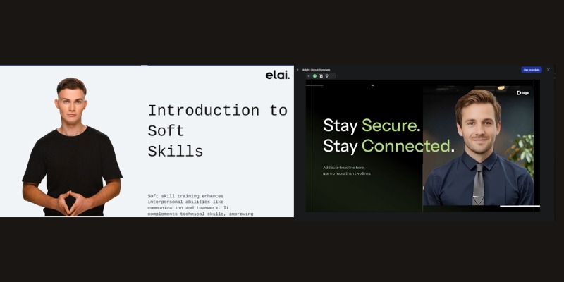 A comparison slider showing the realism of an Elai.io AI avatar versus a Synthesia AI avatar. 