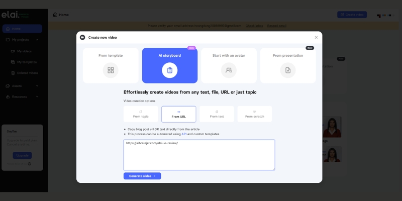 :The Elai.io interface showing the 'URL-to-Video' input field where a blog post link is pasted.  