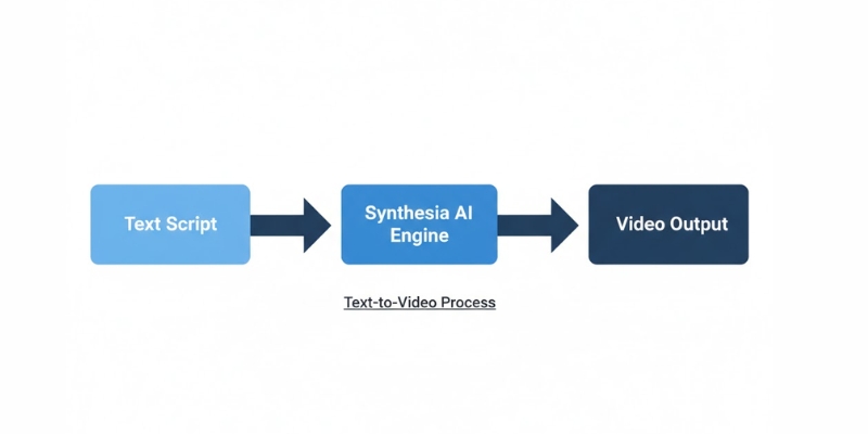 Diagram showing how Synthesia converts text to AI video using avatars.