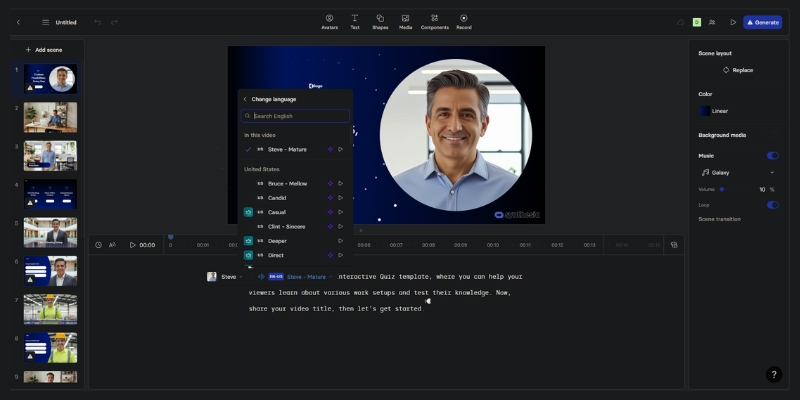 Entering a script into Synthesia and selecting a language for the AI voice.