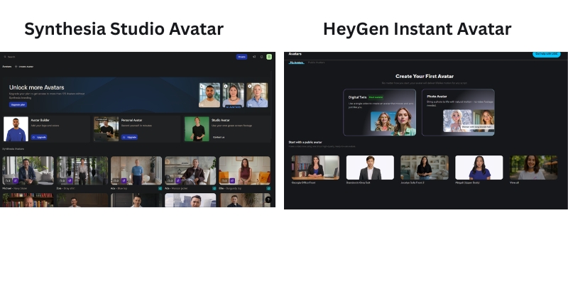 :A comparison graphic showing the difference between Synthesia's studio-based avatar creation and HeyGen's webcam-based instant avatar process.