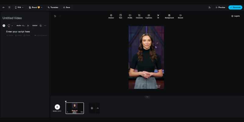 : The video editing interface of HeyGen, showing its user-friendly layout with templates and social media aspect ratios..