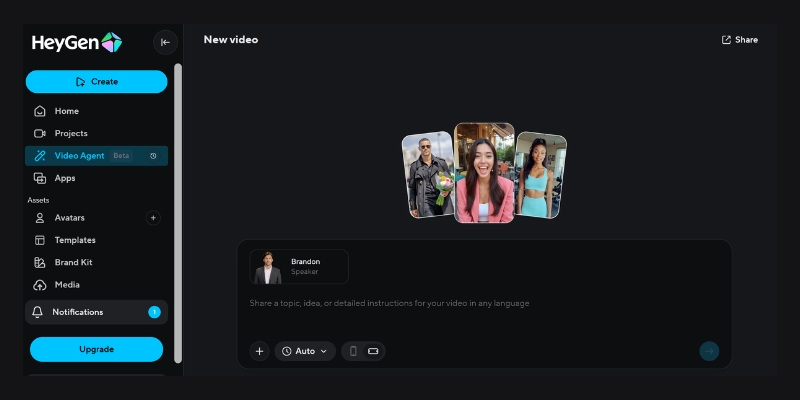 The creation studio of an AI Avatar Generator, showing an avatar preview and the script input field.