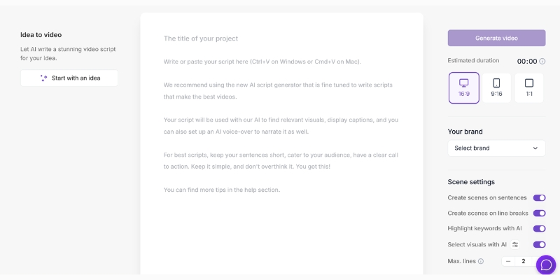 The user interface of a Text-to-Video AI generator, showing the text prompt area for creating a marketing video.