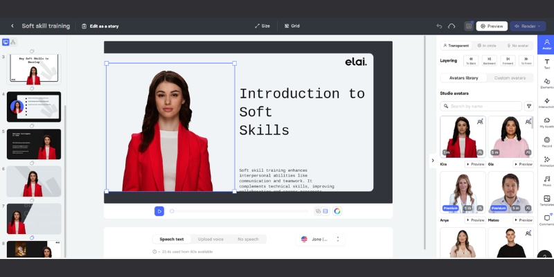 :A gallery of diverse AI avatars available for selection within the Elai.io video creation process.  