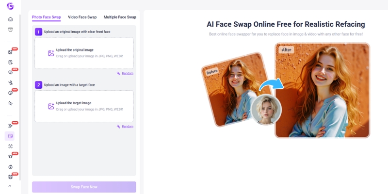 Vidnoz AI dashboard showing Face Swap feature and free credits.