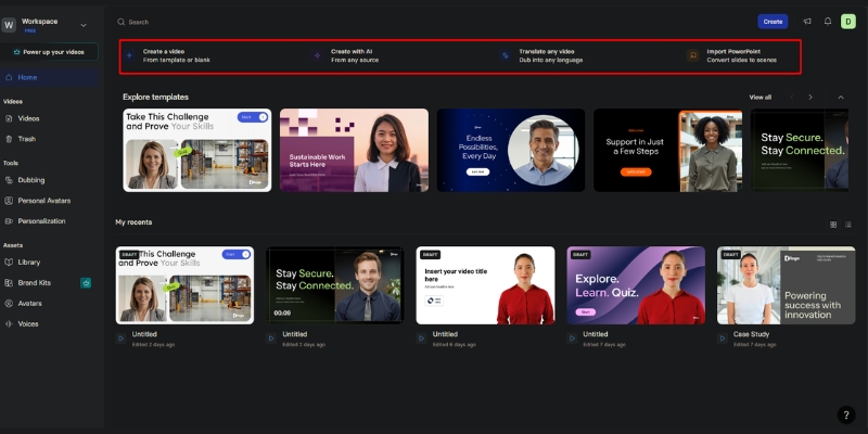 Synthesia Studio dashboard showing the main interface and navigation sidebar.
