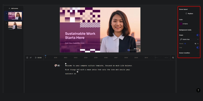 Editing timeline in Synthesia showing scene breaks and background music track.